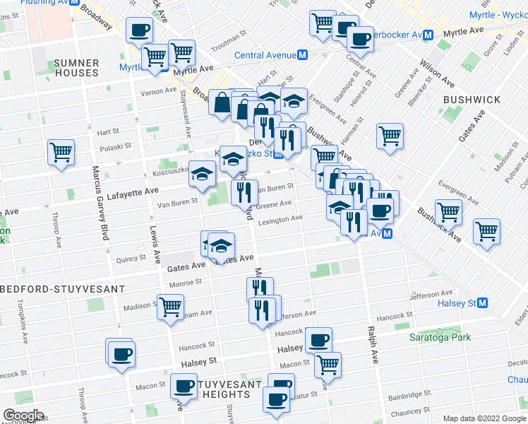 map of restaurants, bars, coffee shops, grocery stores, and more near 803 Lexington Avenue in Brooklyn
