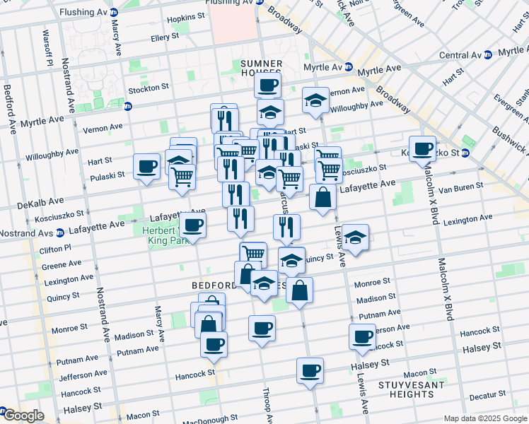 map of restaurants, bars, coffee shops, grocery stores, and more near 121 Van Buren Street in Brooklyn
