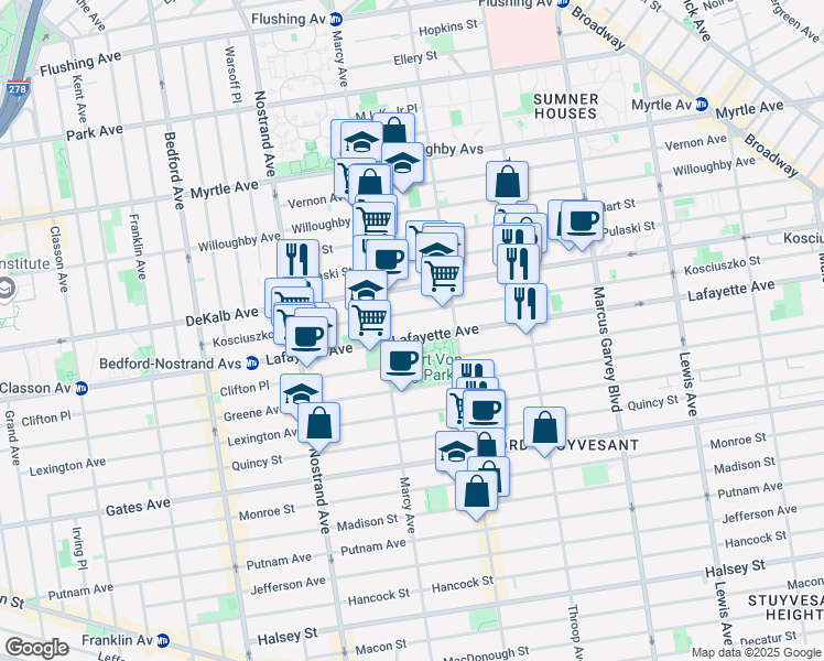 map of restaurants, bars, coffee shops, grocery stores, and more near 675 Lafayette Avenue in Brooklyn