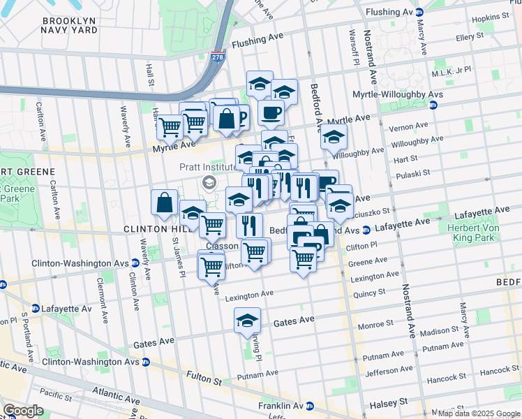 map of restaurants, bars, coffee shops, grocery stores, and more near 419 Dekalb Avenue in Brooklyn
