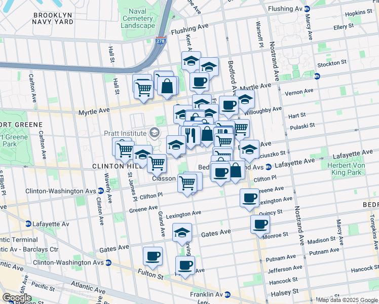 map of restaurants, bars, coffee shops, grocery stores, and more near 419 Dekalb Avenue in Brooklyn