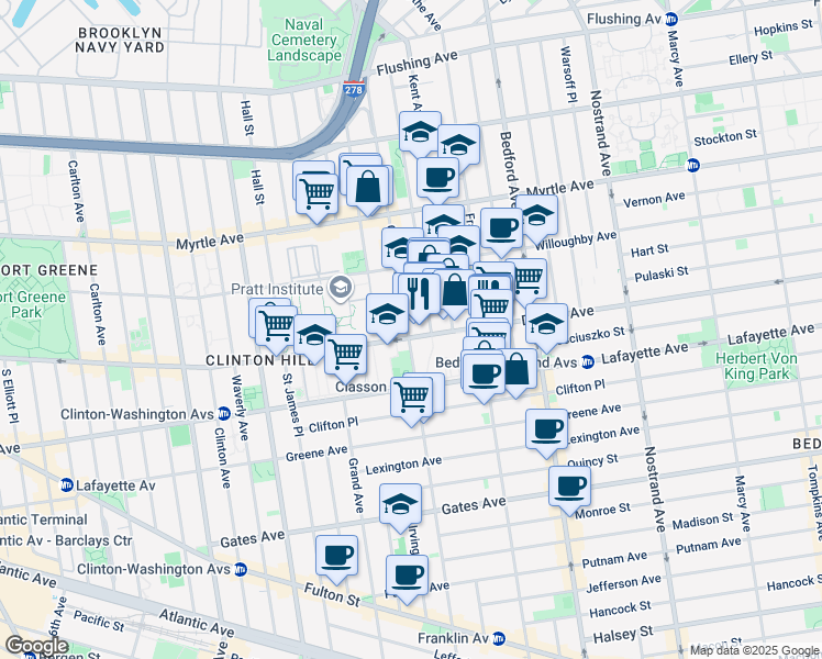 map of restaurants, bars, coffee shops, grocery stores, and more near 419 Dekalb Avenue in Brooklyn