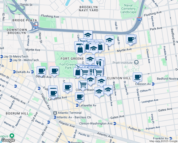 map of restaurants, bars, coffee shops, grocery stores, and more near 225 Adelphi Street in Brooklyn