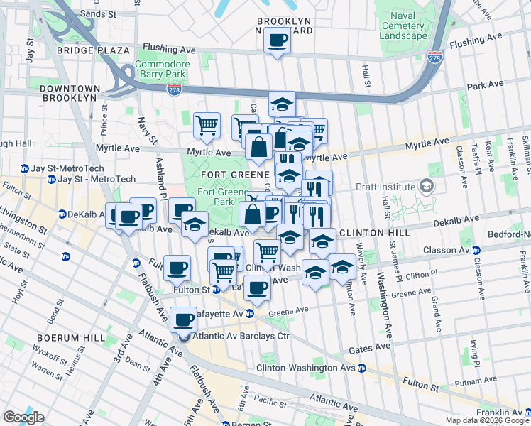 map of restaurants, bars, coffee shops, grocery stores, and more near 242 Carlton Avenue in Brooklyn
