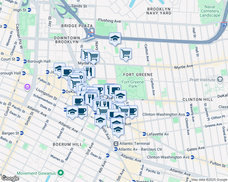 map of restaurants, bars, coffee shops, grocery stores, and more near 161 Ashland Place in Brooklyn