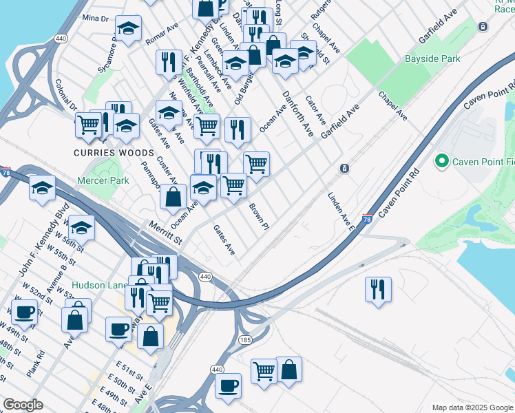 map of restaurants, bars, coffee shops, grocery stores, and more near 100 Brown Place in Jersey City