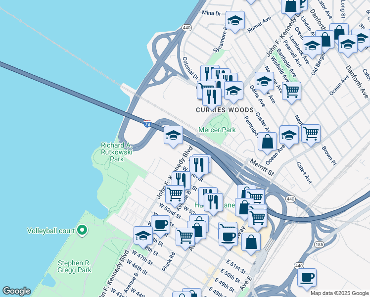 map of restaurants, bars, coffee shops, grocery stores, and more near 1270 John F. Kennedy Boulevard in Bayonne
