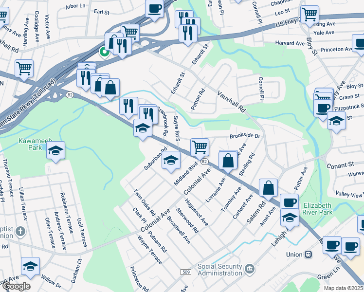 map of restaurants, bars, coffee shops, grocery stores, and more near in Union