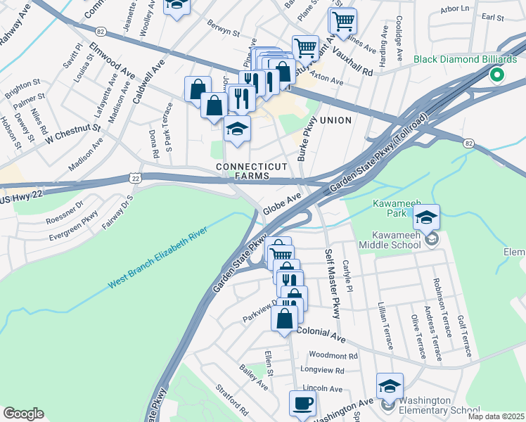 map of restaurants, bars, coffee shops, grocery stores, and more near 755 Chestnut Street in Union