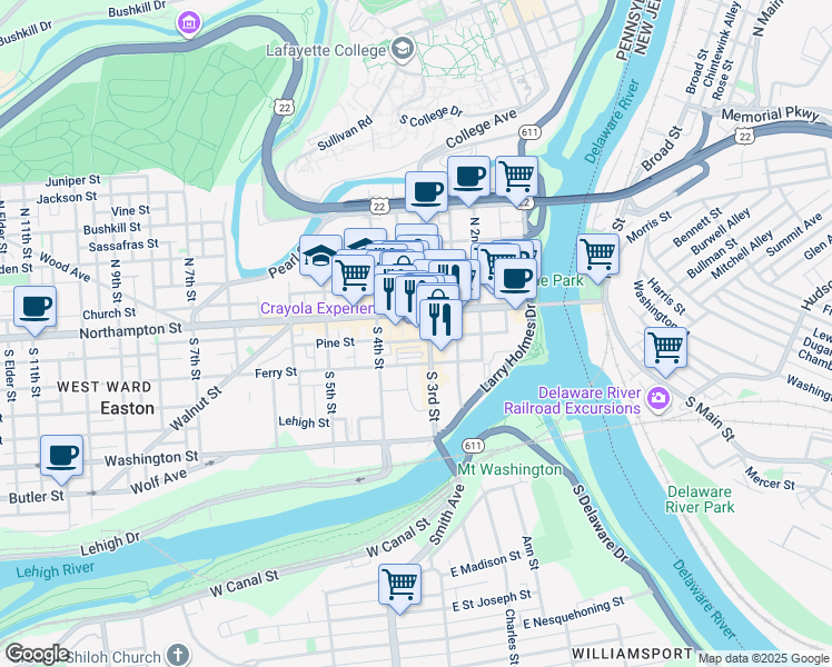 map of restaurants, bars, coffee shops, grocery stores, and more near 30 Centre Square in Easton