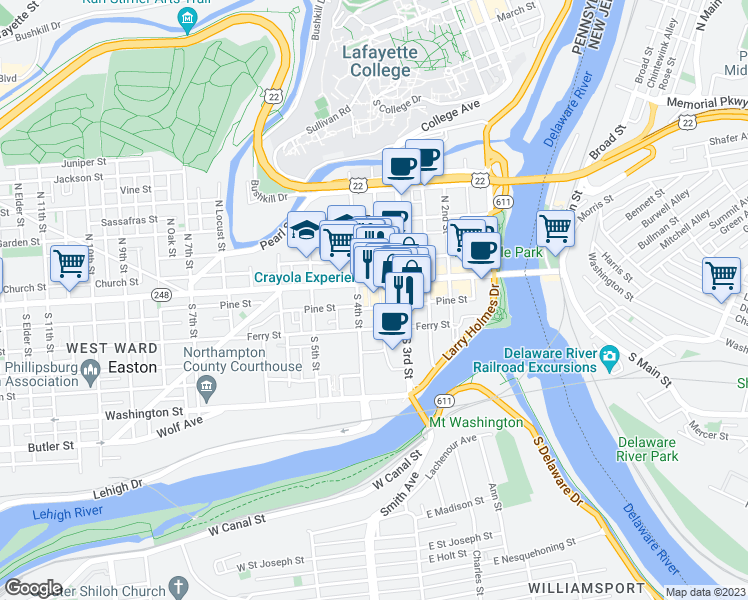 map of restaurants, bars, coffee shops, grocery stores, and more near 30 Centre Square in Easton