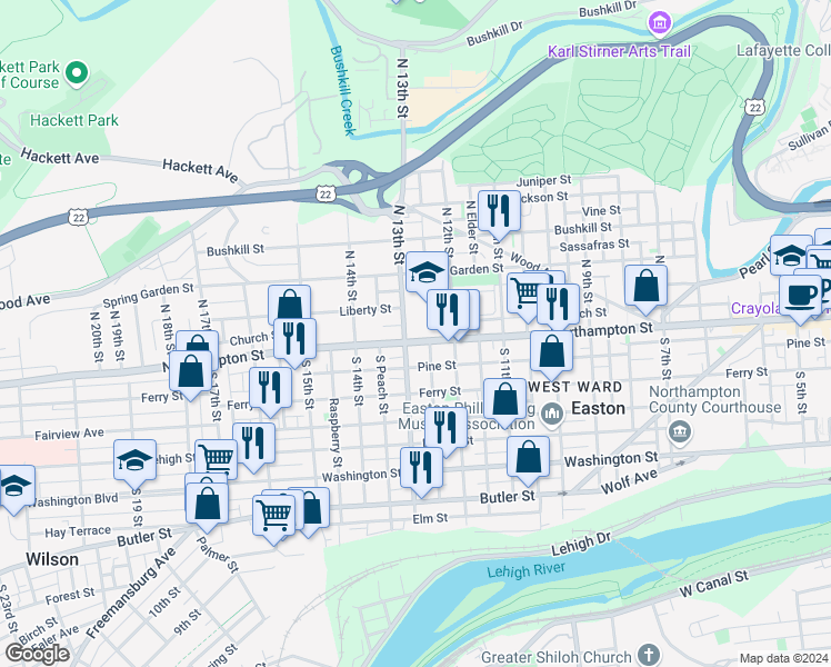 map of restaurants, bars, coffee shops, grocery stores, and more near 1259 Northampton Street in Easton