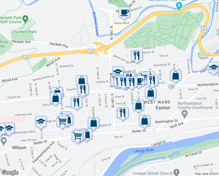 map of restaurants, bars, coffee shops, grocery stores, and more near 1259 Northampton Street in Easton