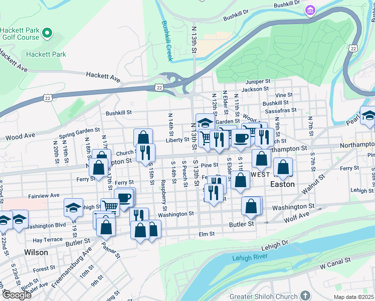 map of restaurants, bars, coffee shops, grocery stores, and more near 1337 Northampton Street in Easton