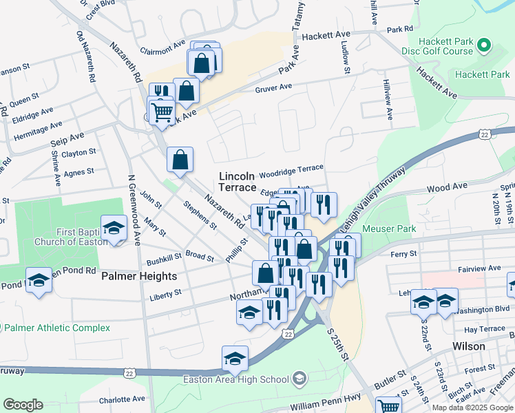 map of restaurants, bars, coffee shops, grocery stores, and more near 2631 Woodlawn Avenue in Easton