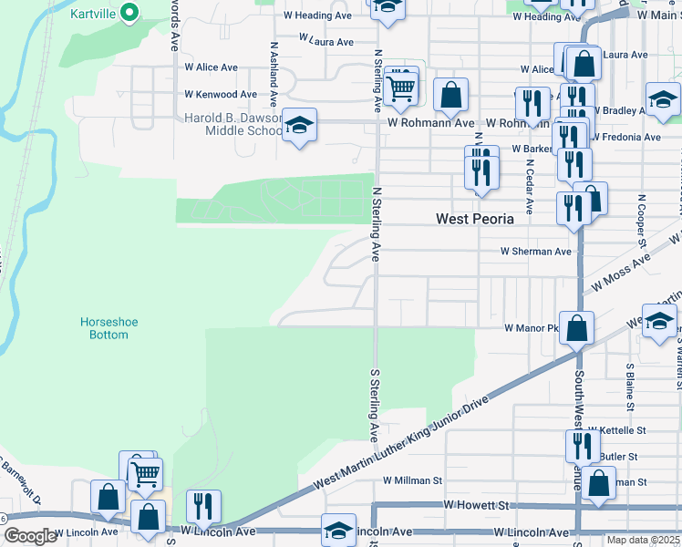 map of restaurants, bars, coffee shops, grocery stores, and more near 2526 West Sherman Avenue in Peoria