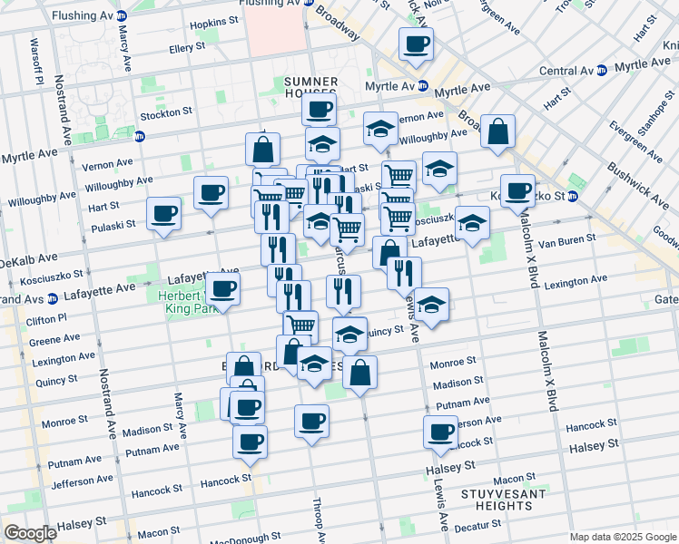 map of restaurants, bars, coffee shops, grocery stores, and more near 163 Van Buren Street in Brooklyn