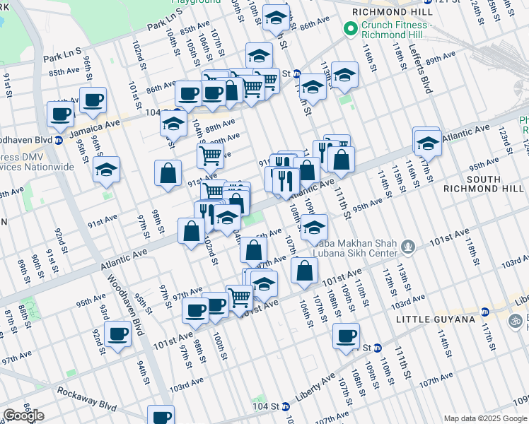 map of restaurants, bars, coffee shops, grocery stores, and more near 106-02 Atlantic Avenue in Queens