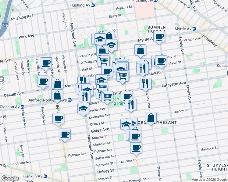 map of restaurants, bars, coffee shops, grocery stores, and more near 675 Lafayette Avenue in Brooklyn