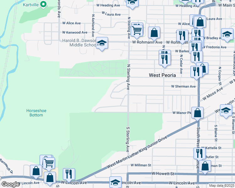 map of restaurants, bars, coffee shops, grocery stores, and more near 2526 W Sherman Ave in Peoria