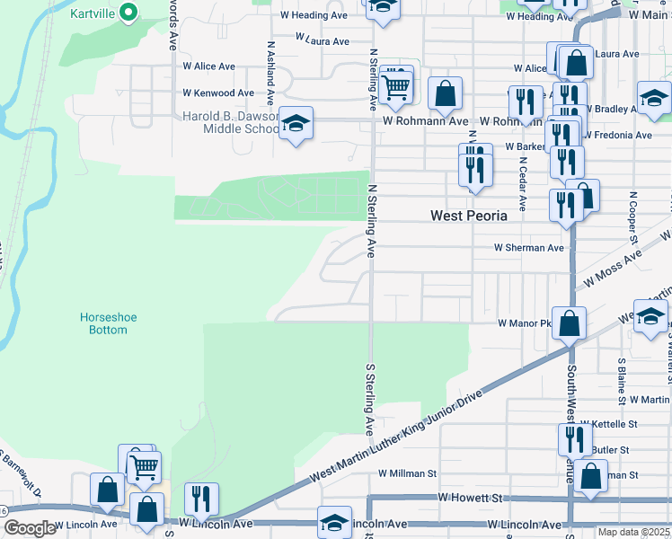 map of restaurants, bars, coffee shops, grocery stores, and more near 2526 West Sherman Avenue in Peoria