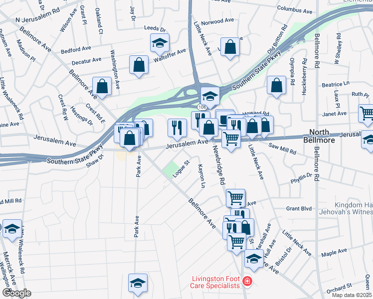 map of restaurants, bars, coffee shops, grocery stores, and more near 1277 Owens Place in North Bellmore