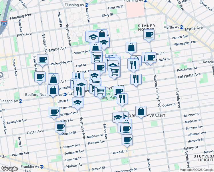 map of restaurants, bars, coffee shops, grocery stores, and more near 677 Lafayette Avenue in Brooklyn