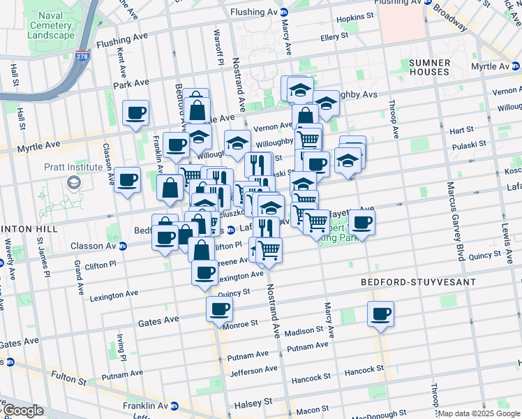 map of restaurants, bars, coffee shops, grocery stores, and more near 88 Kosciuszko Street in Brooklyn