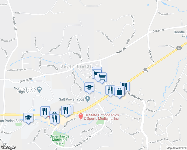 map of restaurants, bars, coffee shops, grocery stores, and more near 252 Jameson Way in Seven Fields