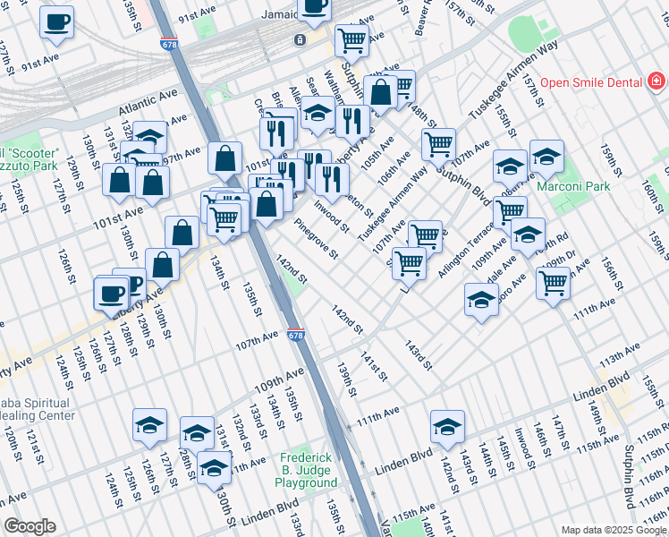 map of restaurants, bars, coffee shops, grocery stores, and more near Tuskegee Airmen Way in Queens