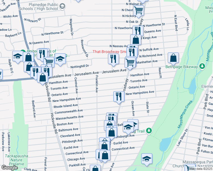 map of restaurants, bars, coffee shops, grocery stores, and more near 158 Toronto Ave in Massapequa