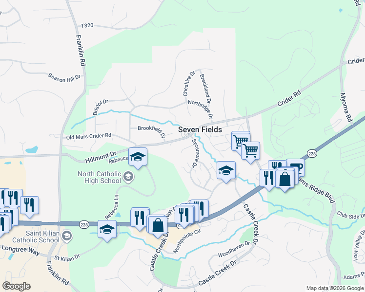 map of restaurants, bars, coffee shops, grocery stores, and more near 108 Linden Court in Seven Fields