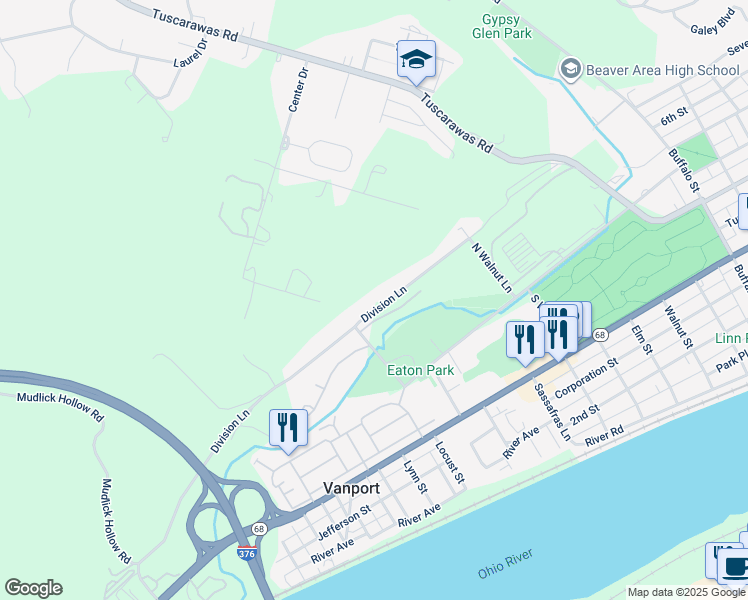 map of restaurants, bars, coffee shops, grocery stores, and more near 316 Division Lane in Beaver