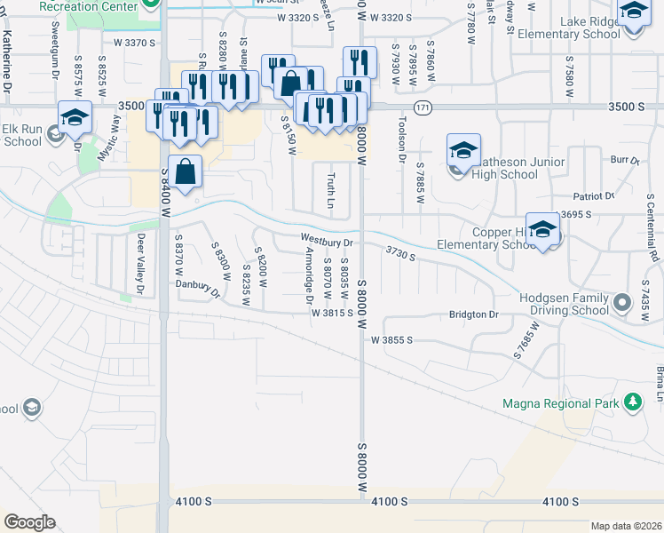 map of restaurants, bars, coffee shops, grocery stores, and more near 3745 South 8070 West in Magna