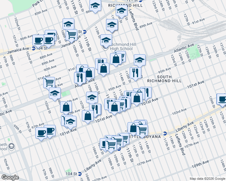 map of restaurants, bars, coffee shops, grocery stores, and more near 95-08 112th Street in Queens
