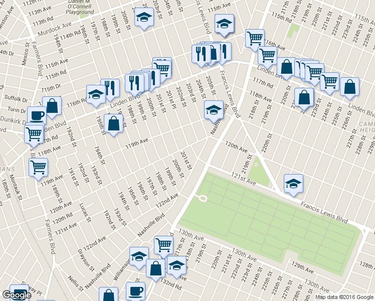 map of restaurants, bars, coffee shops, grocery stores, and more near 201-16 120th Avenue in Queens