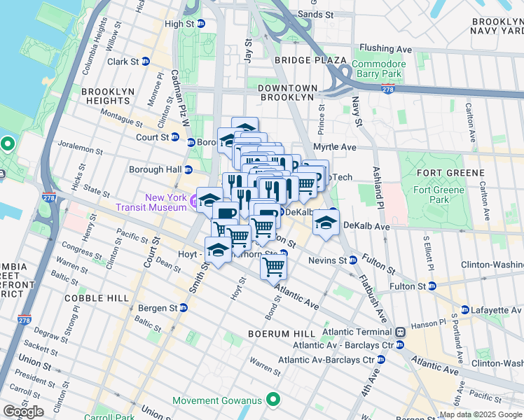 map of restaurants, bars, coffee shops, grocery stores, and more near 422 Fulton Street in Brooklyn