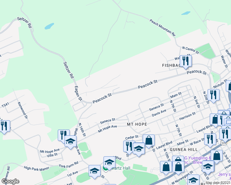 map of restaurants, bars, coffee shops, grocery stores, and more near 508 Peacock Street in Pottsville