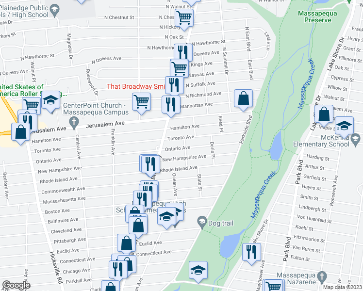 map of restaurants, bars, coffee shops, grocery stores, and more near 209 Ontario Avenue in Massapequa