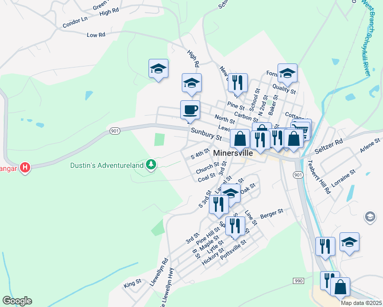 map of restaurants, bars, coffee shops, grocery stores, and more near 240 South 4th Street in Minersville