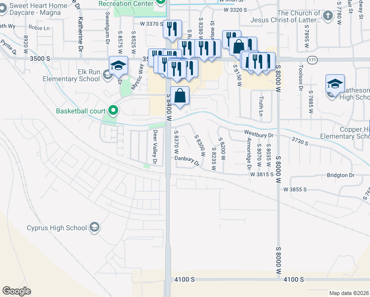 map of restaurants, bars, coffee shops, grocery stores, and more near 3740 Sage Brook Circle in Magna