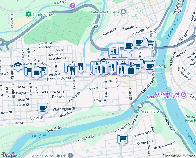map of restaurants, bars, coffee shops, grocery stores, and more near 604 Walnut Street in Easton