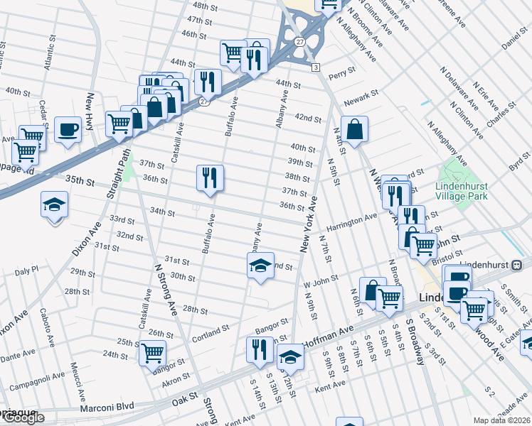map of restaurants, bars, coffee shops, grocery stores, and more near 198 35th Street in Lindenhurst
