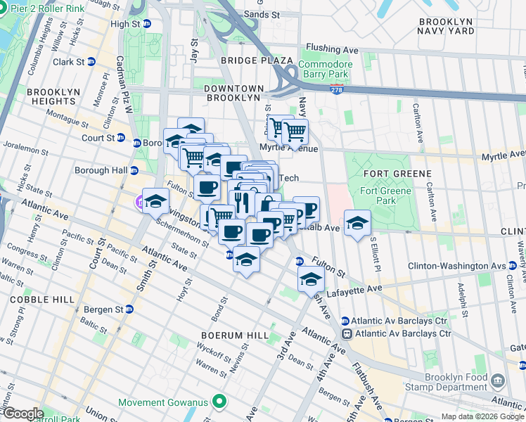 map of restaurants, bars, coffee shops, grocery stores, and more near 70 Fleet Street in Brooklyn