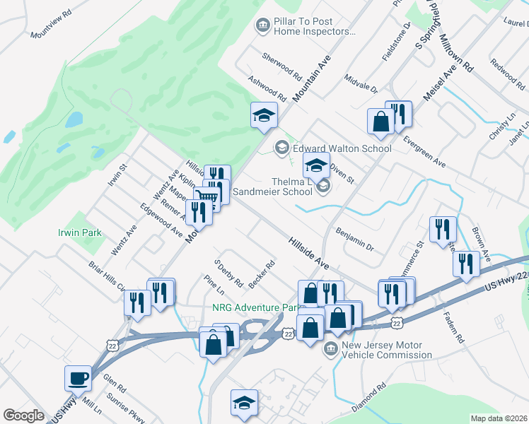map of restaurants, bars, coffee shops, grocery stores, and more near 220 Hillside Avenue in Springfield