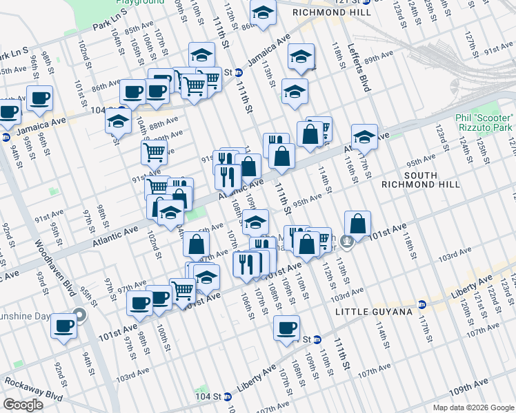 map of restaurants, bars, coffee shops, grocery stores, and more near 109-1 95th Avenue in Queens
