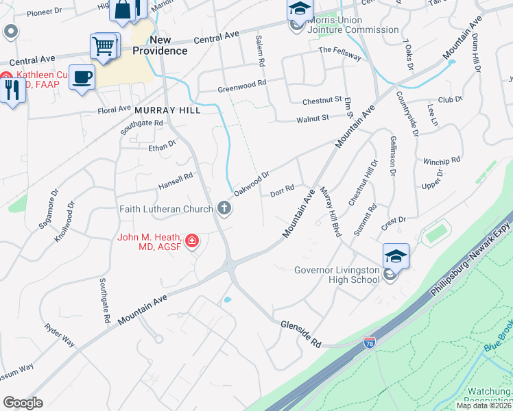 map of restaurants, bars, coffee shops, grocery stores, and more near 31 Old Brook Lane in New Providence