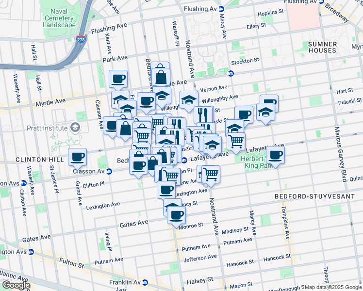map of restaurants, bars, coffee shops, grocery stores, and more near 58 1/2 Kosciuszko Street in Brooklyn