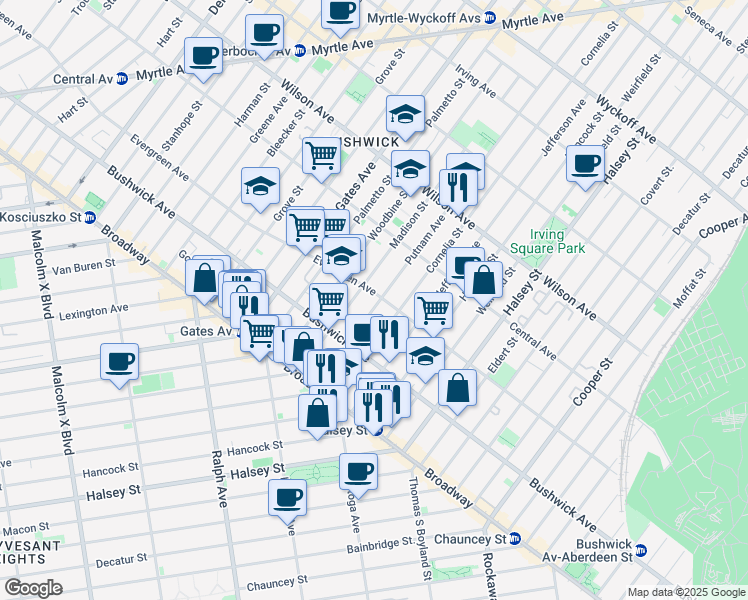 map of restaurants, bars, coffee shops, grocery stores, and more near 1187 Putnam Avenue in Brooklyn