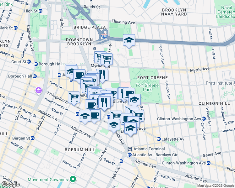 map of restaurants, bars, coffee shops, grocery stores, and more near 161 Ashland Place in Brooklyn